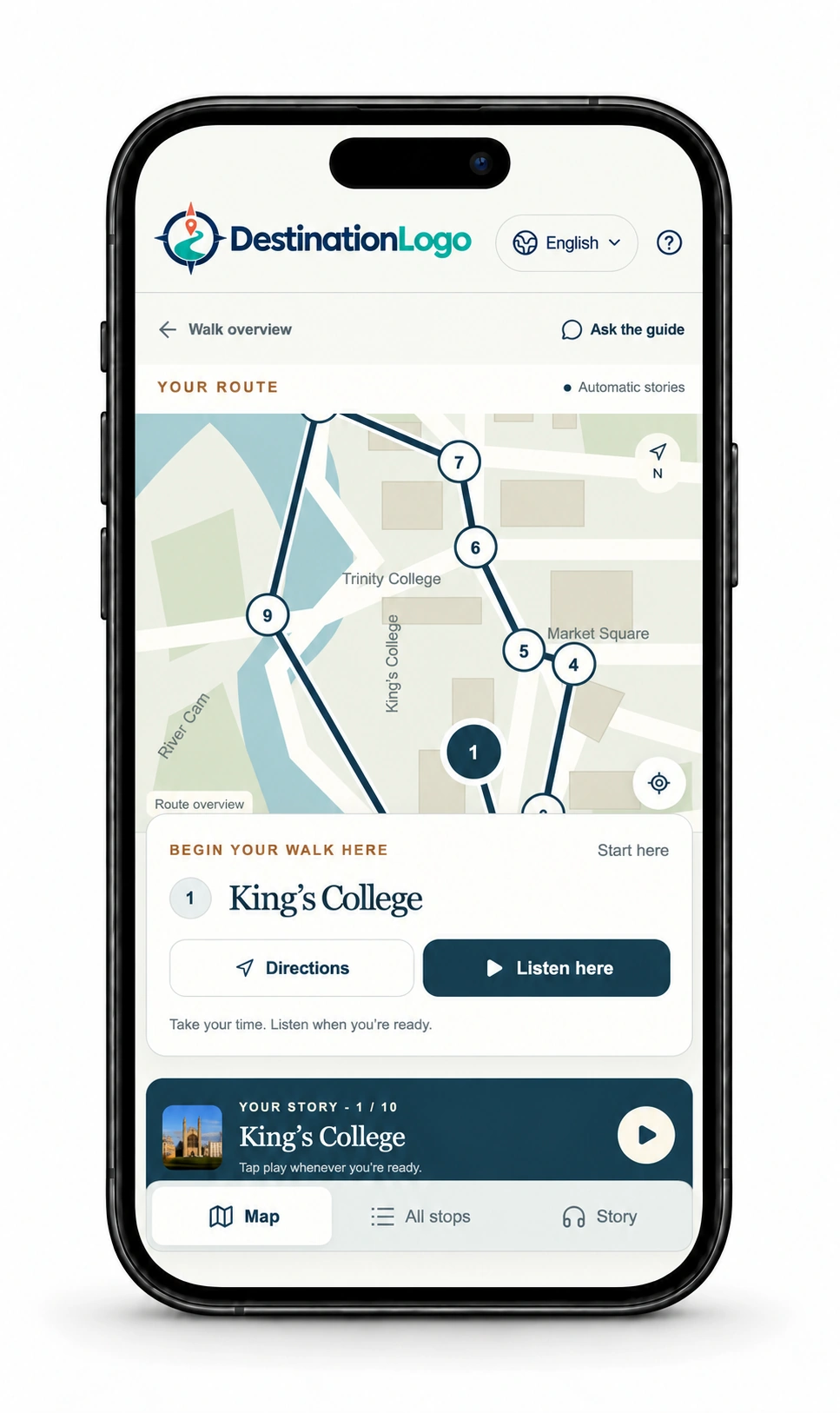 An active tour in progress, showing the route map and the next stop approaching