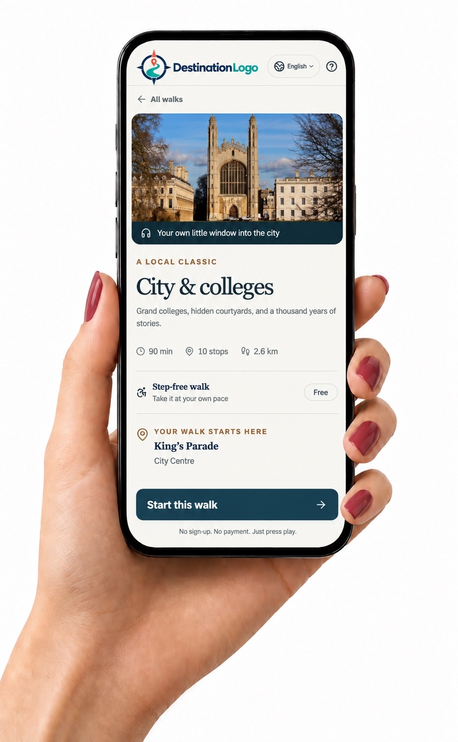 A hand holding a phone showing the Talestep visitor app, open on the City and colleges walk with its starting point and a button to begin